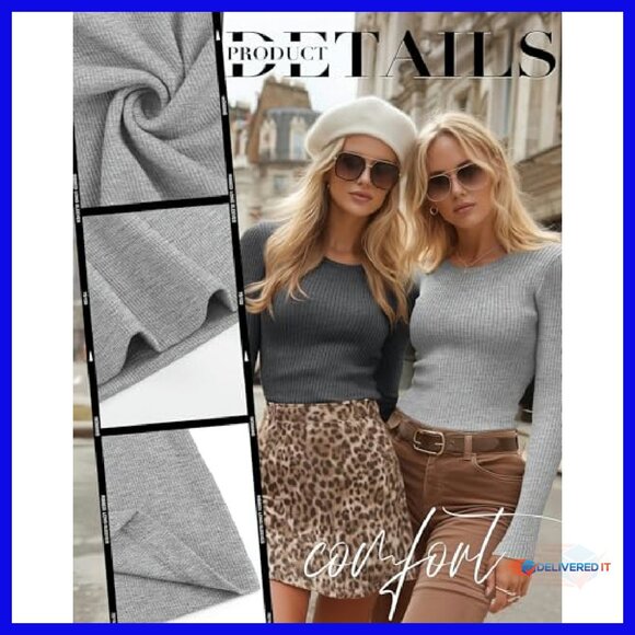 4 Pack Women's Long Sleeve Ribbed Tees Slim Fit Cotton Spandex Tops - Picture 4 of 7